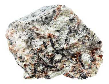 Jeolojik koleksiyondaki doğal taş örneklerini kapatın. Beyaz arka planda Kola Yarımadası 'ndan izole edilmiş cilalanmamış foyaite minerali.