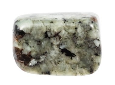 Jeolojik koleksiyondaki doğal taş örneklerini kapatın. Khibiny, Kola Yarımadası 'ndan beyaz arka planda izole edilmiş devrilmiş khibinit minerali.