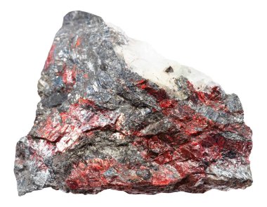 Jeolojik koleksiyondaki doğal taş örneklerini kapatın. Kırgızistan 'dan beyaz arka planda izole edilmiş florit mineralinin üzerindeki sert tarnabar ve stibnit.
