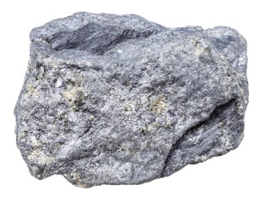 Jeolojik koleksiyondaki doğal taş örneklerini kapatın. Altai 'den beyaz arka planda izole edilmiş ham molibdenit minerali.