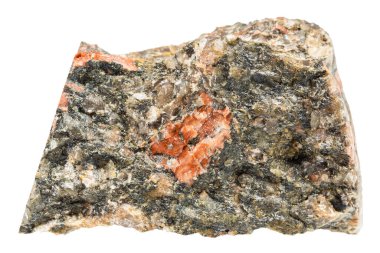 Jeolojik koleksiyondaki doğal taş örneğini kapat. Karelia 'dan beyaz arka planda izole edilmiş ham gneissoid granit mineral.