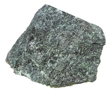 Jeolojik koleksiyondaki doğal taş örneğini kapat - cilalanmamış peridotik komatit mineral Karelia 'dan beyaz arka planda izole edilmiş