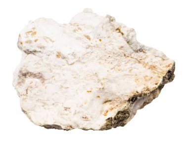 Jeolojik koleksiyondaki doğal taş örneğini kapat. Kola Yarımadası 'ndan beyaz arka planda izole edilmiş cilalanmamış albit taşı.