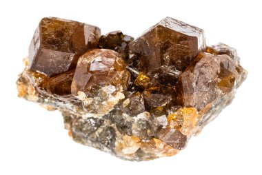 close up of sample of natural stone from geological collection - cluster of raw hessonite grossular mineral isolated on white background from Middle Urals clipart