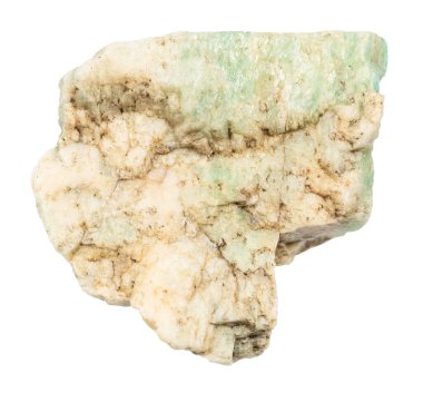 Jeolojik koleksiyondaki doğal taş örneğini kapat - cilalanmamış Amazon minerali Ural 'dan beyaz arka planda izole edilmiş