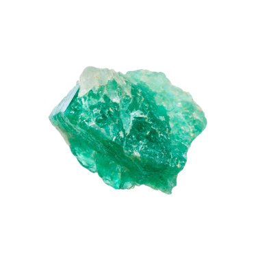 Jeolojik koleksiyondaki doğal taş örneğini kapatın. Afganistan 'dan beyaz arka planda izole edilmiş cilalanmamış zümrüt minerali.