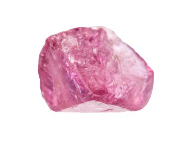 Jeolojik koleksiyondaki doğal taş örneğini kapatın. Kesilmemiş pembe spinel kristal Vietnam 'dan izole edilmiş.