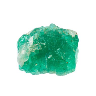 Jeolojik koleksiyondaki doğal taş örneklerini kapatın. Afganistan 'dan beyaz arka planda izole edilmiş ham zümrüt minerali.