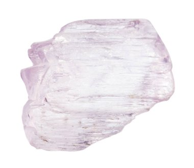 Jeolojik koleksiyondaki doğal taş örneğini kapatın. Afganistan 'dan beyaz arka planda izole edilmiş cilalanmamış kunzit minerali.