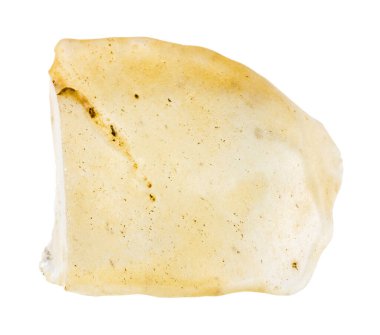 Jeolojik koleksiyondaki doğal taş örneğine yakından bakın. Doğu Sahra, Mısır 'dan beyaz arka planda izole edilmiş cilalanmamış libyan çöl camı.