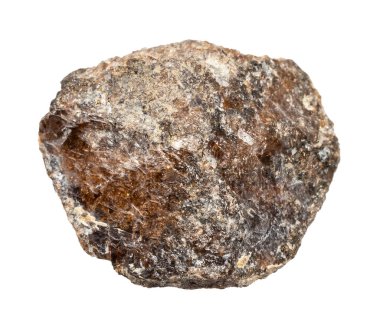 Jeolojik koleksiyondaki doğal taş örneklerini kapatın. Khibiny, Kola Yarımadası 'ndan beyaz arka planda izole edilmiş sert kahverengi titanit minerali.