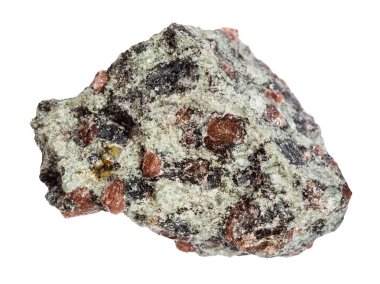 Jeolojik koleksiyondaki doğal taş örneklerini kapat - almandine pyrope garnets in pyroxene matrix (eklogite mineral) beyaz arka planda Kola Yarımadası 'ndan izole edilmiş