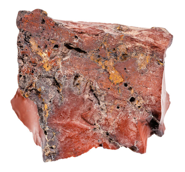 крупным планом образца природного камня из геологической коллекции - грубый красный коричневый мукаит минерал, выделенный на белом фоне из Австралии