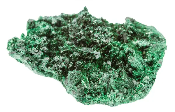 stock image close up of sample of natural stone from geological collection - raw fibrous malachite mineral isolated on white background from Katanga, Congo