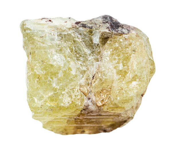 крупным планом образца природного камня из геологической коллекции - неполированный саамитный минерал на белом фоне с Кольского полуострова