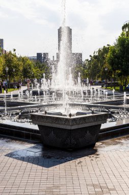 Erivan, Ermenistan - 10 Ağustos 2024: Güneşli yaz gününde Erivan 2800. Yıldönümü Parkı 'ndaki havzalar