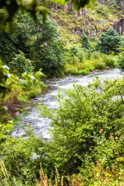 view of Arpa riverside near Jermuk waterfall on rainy summer day in Vayots Dzor province, Armenia clipart