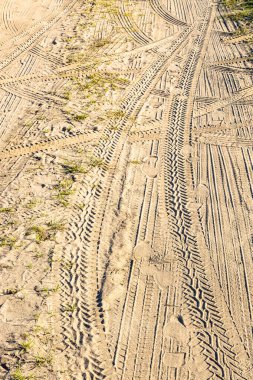 araba izleri ve ayak izleri kum üzerinde yüzey kirli yol yaz öğleden sonra