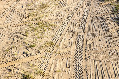 Araba izleri ve ayak izleri kum kırsal yolda yaz öğleden sonra