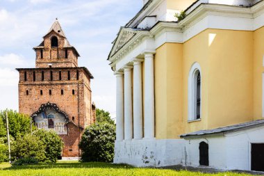 view of Pyatnitskaya Tower from Church of the Exaltation of the Holy Cross in Kolomna Kremlin in Old Kolomna city on sunny summer day clipart