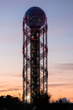 Batumi, Georgia - September 16, 2023: view of Alphabetic Tower in autumn dusk in Batumi city. The tower symbolizes the uniqueness of Georgian alphabet and people