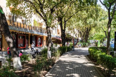 Erivan, Ermenistan - 14 Eylül 2023: güneşli bir sonbahar gününde Erivan 'ın orta Kentron ilçesinde Abovyan Caddesi üzerinde yeşil bulvarlı yaya kaldırımı