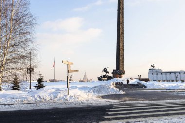 Moscow, Russia - February 22, 2023: The Victory Monument on Pobediteley Square in Victory Memorial Park on Poklonnaya Gora in winter. It was erected in 1994 - 1995 clipart