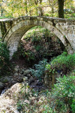 Gürcistan 'a yolculuk - Mirveti Arch Bridge over Creek (Mirveti' de Kraliçe Tamar 'ın köprüsü), Adjara' da sonbahar günü. Köprü muhtemelen 11.-13. yüzyıllarda inşa edilmiş.