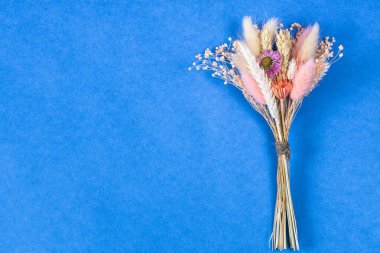 top view of tied bouquet of dried flowers and spikelets lies on blue background