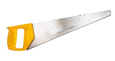 Beyaz arka planda sarı plastik saplı çapraz testere.
