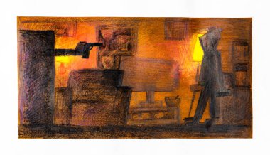 Dolaptaki silahla eli beyaz kağıda renkli kalemlerle çizilmiş bir adamı vuruyor.