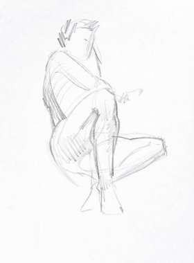 sketch of half-sitting male model hand drawn with black pencil on white paper clipart