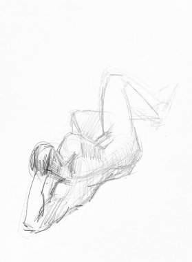 sketch of head and back view of lying male model resting his head on his elbow hand drawn with black pencil on white paper clipart