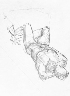 sketch of male model lying on his back hand drawn with black pencil on white paper clipart