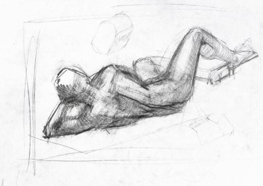 Beyaz kağıda siyah kalemle çizilmiş, başı dirseğinde dinlenen erkek modelin arka plan çizimi.