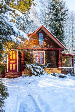 Güneşli kış gününde köyde karlı patika ve kırsal ağaç ev