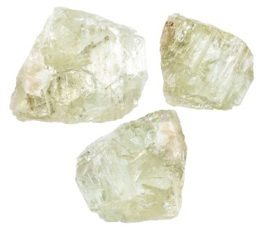 set of various samples of raw hiddenite minerals isolated on white background clipart