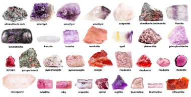 collection of rough pink minerals with names isolated on white background (kunzite, rhodonite, rhodolite, pyrope, piemontite, realgar, rubellite, tourmaline, sugilite, ruby, spinel, scapolite, ect) clipart