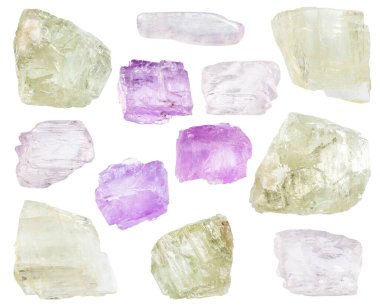 Beyaz arka planda izole edilmiş çeşitli ham spodumene mineral örnekleri.