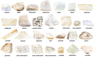 Beyaz zemin üzerinde izole edilmiş doğal beyaz ve renksiz mineraller koleksiyonu (opal, ay taşı, kalsit, danburit, xonotlite, lökosapphire, andesite, spodumene, albite, kuartzite, ect)