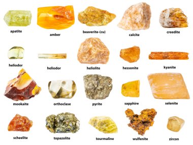 collection of natural yellow minerals with names isolated on white background (amber, selenite, calcite, heliolite, pyrite, beaverite, mookaite, wulfenite, tourmaline, hessonite, topazolite, ect) clipart