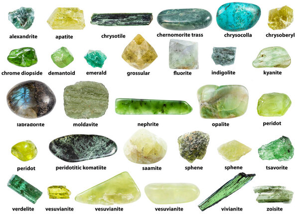 сбор грубых зеленых минералов с названиями, выделенными на белом фоне (зойзит, молдавит, апатит, демантоид, титанит, сфене, флюорит, вивианит, кианит, индиколит, верделит, перидот и др.)