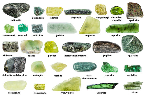 коллекция необработанных зеленых минералов с названиями, выделенными на белом фоне (лабрадорит, нефрит, жадеит, черноморит, родингит, рихтерит, хризотил, филлит, хибинит, кварцит и др.)