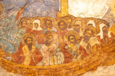 Moskova, Rusya - 13 Mart 2025: Andronikov Manastırı 'ndaki Orta Andrey Rublev Antik Rus Kültür ve Sanat Müzesi' nde duvar resmi
