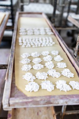 Gzhel, Rusya - 21 Mart 2025: Moskova Bölgesi, Moskova 'daki Gzhel Porselen Fabrikasının atölyesinde ateşlenmemiş broşlar