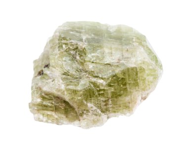 Jeolojik koleksiyondaki doğal taş örneğini kapatın. Beyaz zemin üzerinde cilalanmamış diopside kristal minerali.