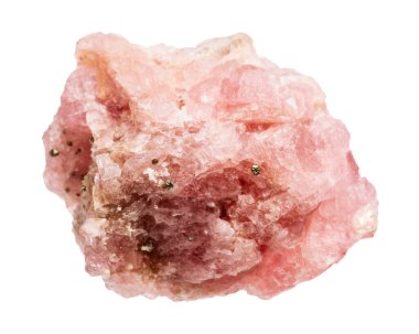 Jeolojik koleksiyondaki doğal taş örneğini kapatın. Beyaz arka planda izole edilmiş kaba kristal rodokrosit minerali.