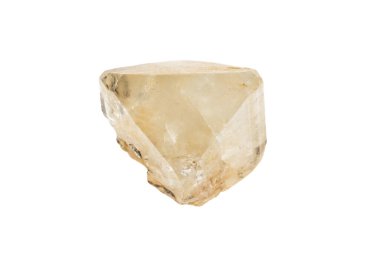 Jeolojik koleksiyondaki doğal taş örneğini kapatın. Beyaz arka planda izole edilmiş cilalanmamış topaz kristal mineral.