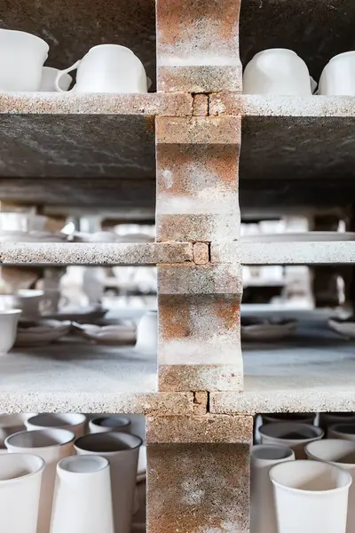 Gzhel, Rusya - 21 Mart 2025: Gzhel Porselen Fabrikası, Moskova Bölgesi, Rusya 'da ateşlenmemiş bardak atölyesi ile ahşap raf