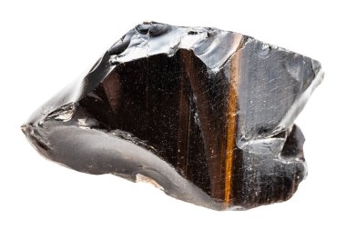 Jeolojik koleksiyondaki doğal taşın yakın plan örneği. Beyaz arka planda izole edilmiş Ermenistan 'dan çizgili ham volkanik cam.